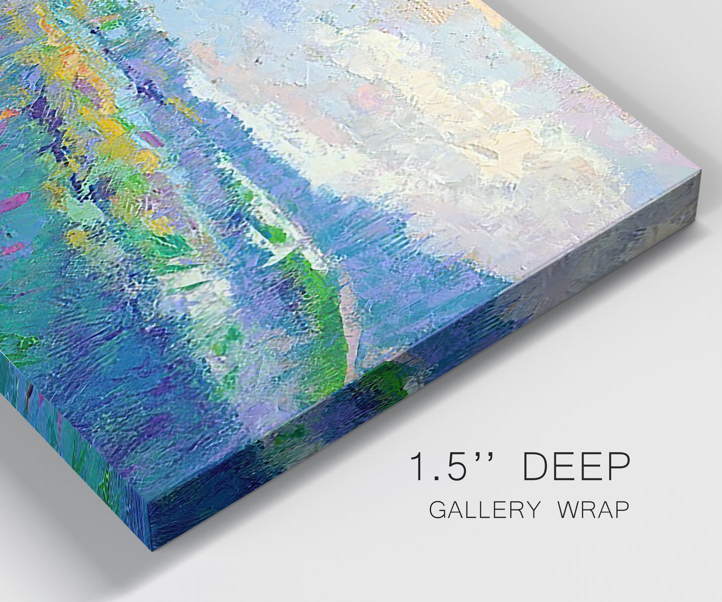 Close-up view of wrapped canvas corner featuring cheerful landscape under open sky.