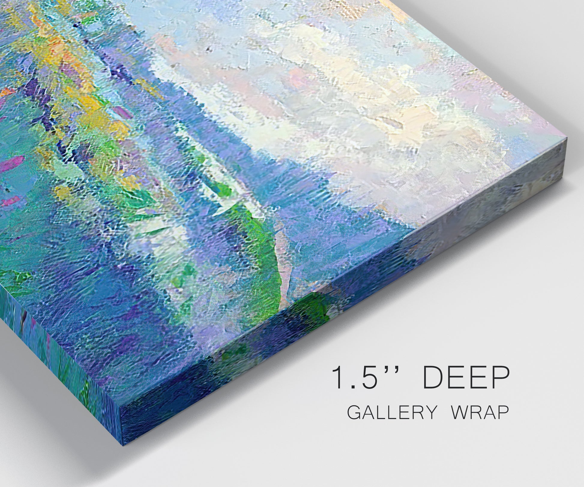 Close-up view of wrapped canvas corner featuring cheerful landscape under open sky.