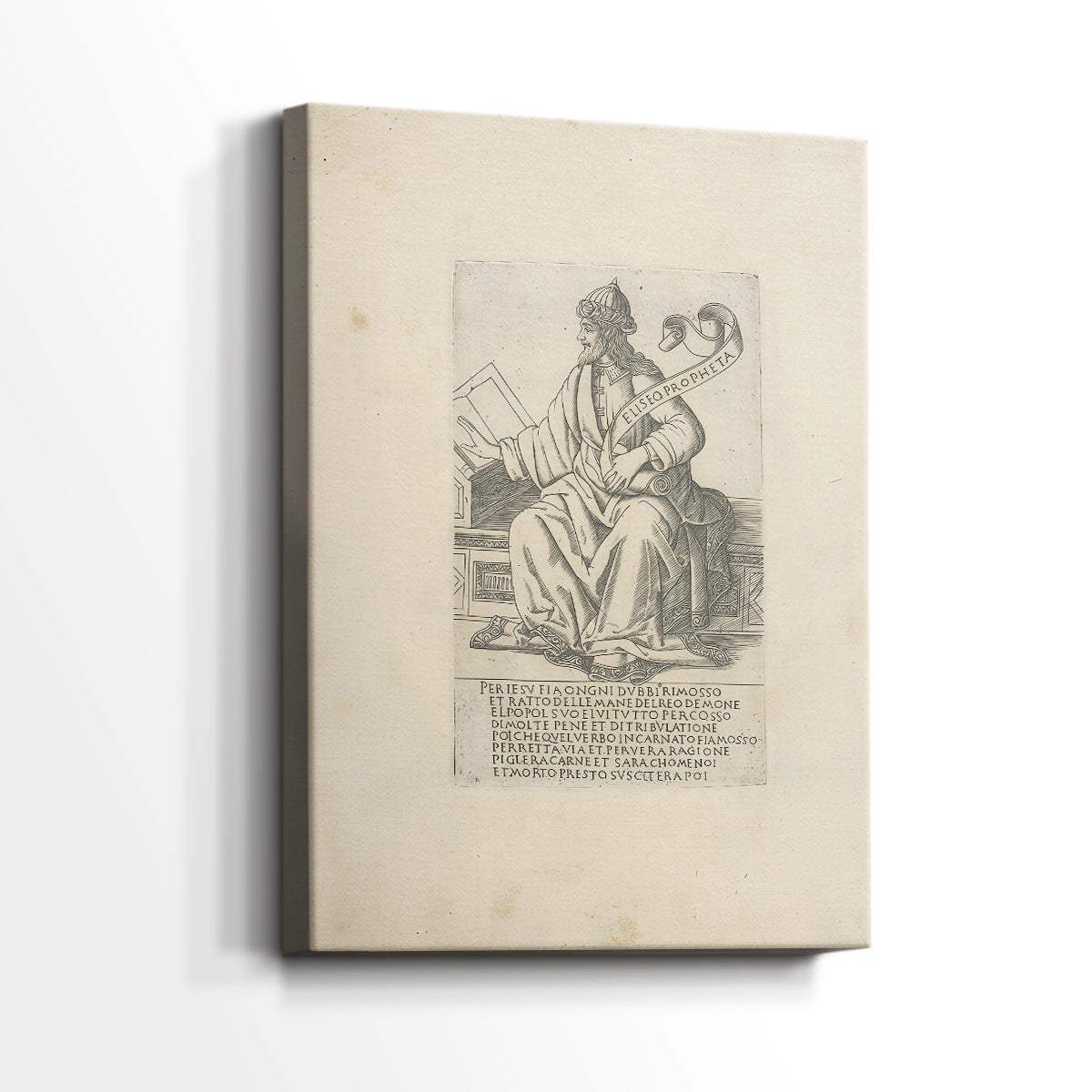 Side view of a canvas art print of a detailed illustration with minimal shading and strong structure, showing gallery-wrapped depth.