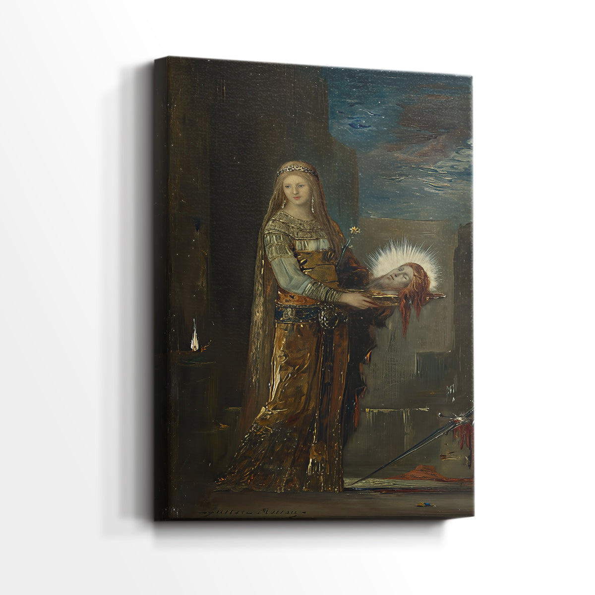 Side view of a canvas art print of a narrative scene with rich detail and emotional tone, showing gallery-wrapped depth.