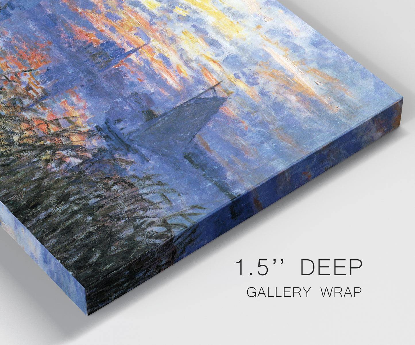 Close-up view of wrapped canvas corner featuring river sunset with reflections.