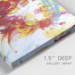 Close-up view of wrapped canvas corner featuring bright abstract summer palette.