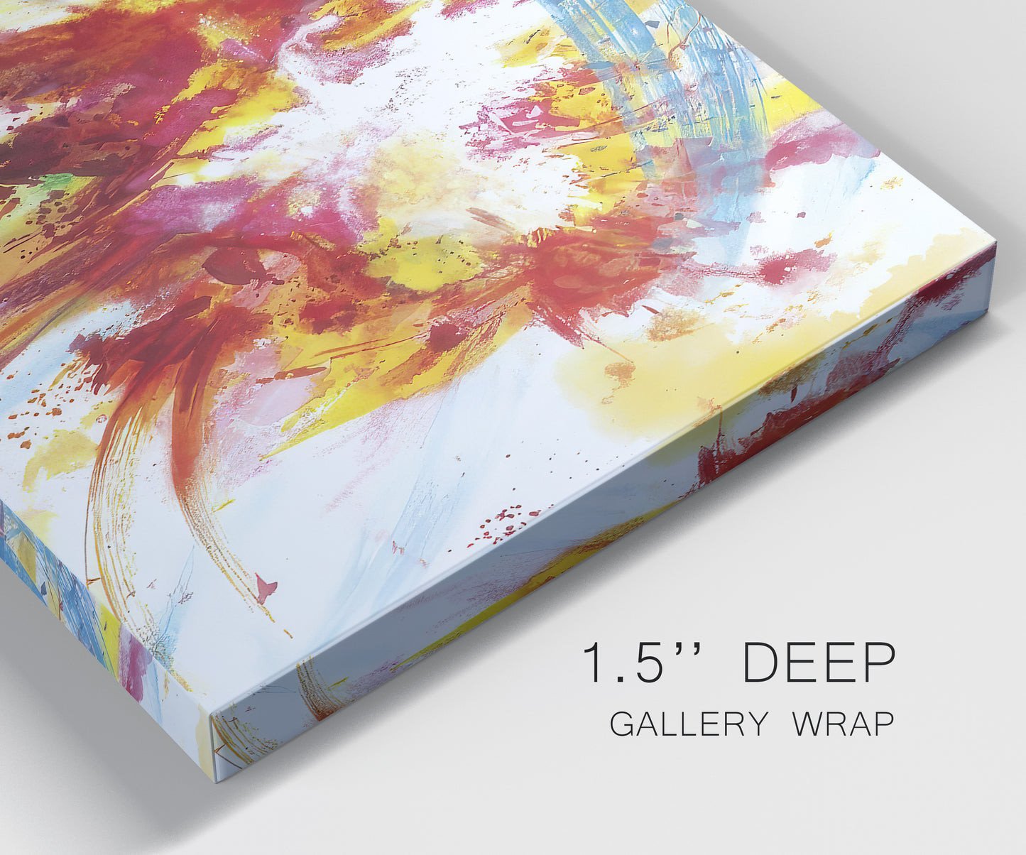 Close-up view of wrapped canvas corner featuring bright abstract summer palette.