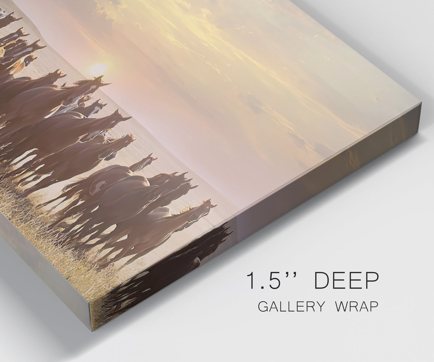 Close-up view of wrapped canvas corner featuring running horses captured in motion.