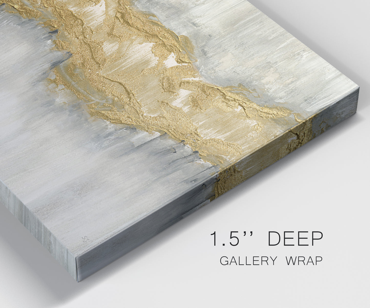 Close-up view of wrapped canvas corner featuring flowing abstract golden tones.