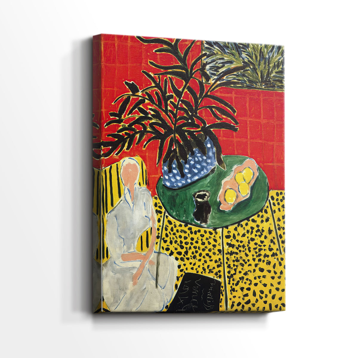Side view of a canvas art print of a vivid composition with foliage and layered patterns, showing gallery-wrapped depth.
