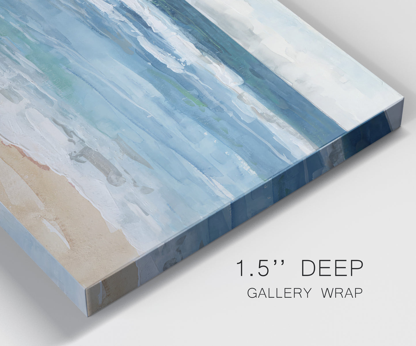 Close-up view of wrapped canvas corner featuring rolling ocean waves near shore.