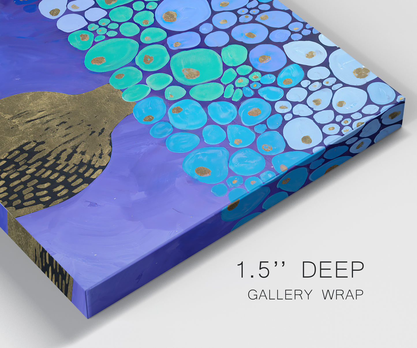 Close-up view of wrapped canvas corner featuring blue poppy floral abstraction.