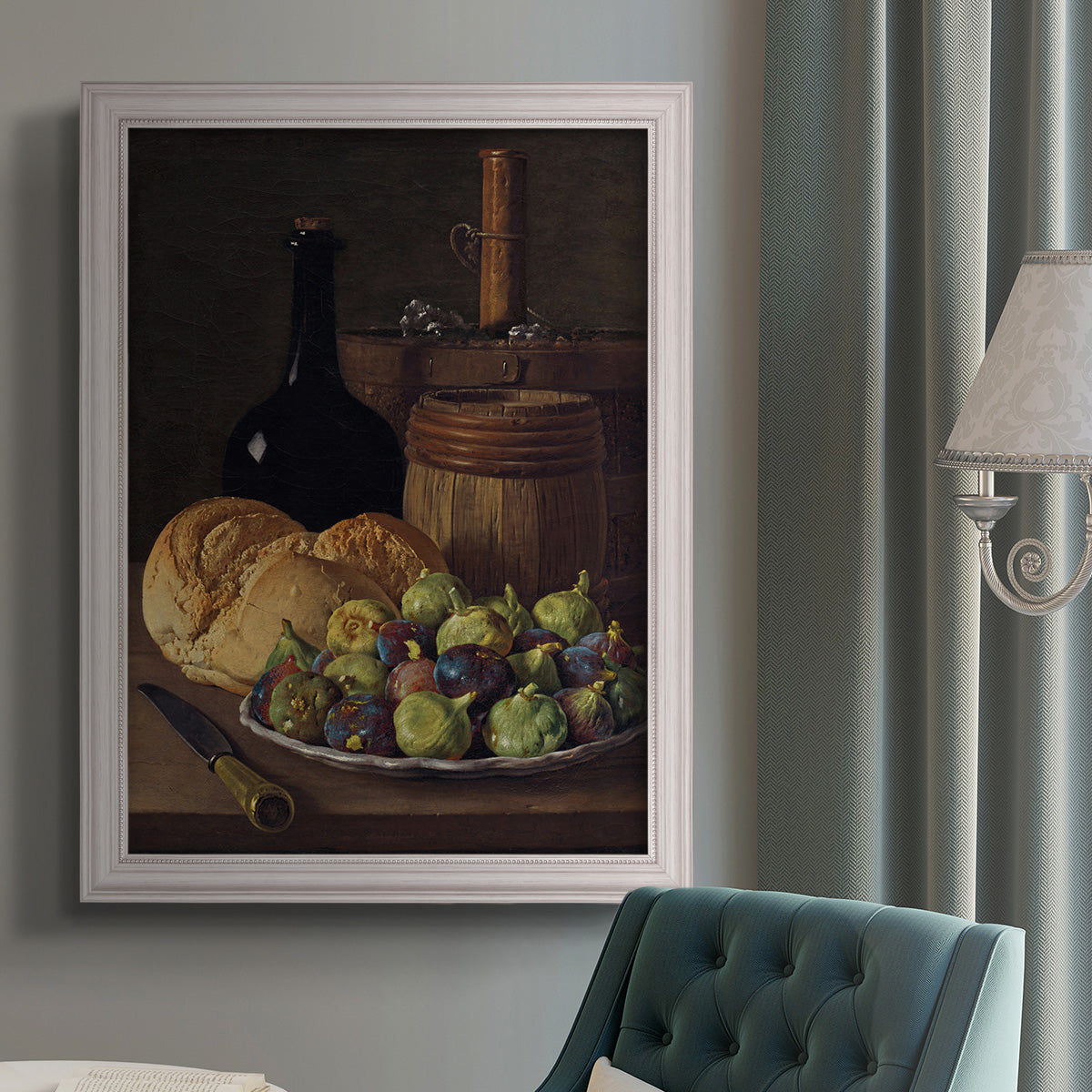 Realist still life with figs and bread by Luis Meléndez in an {frame_style_descriptor} displayed in a neutral interior setting.