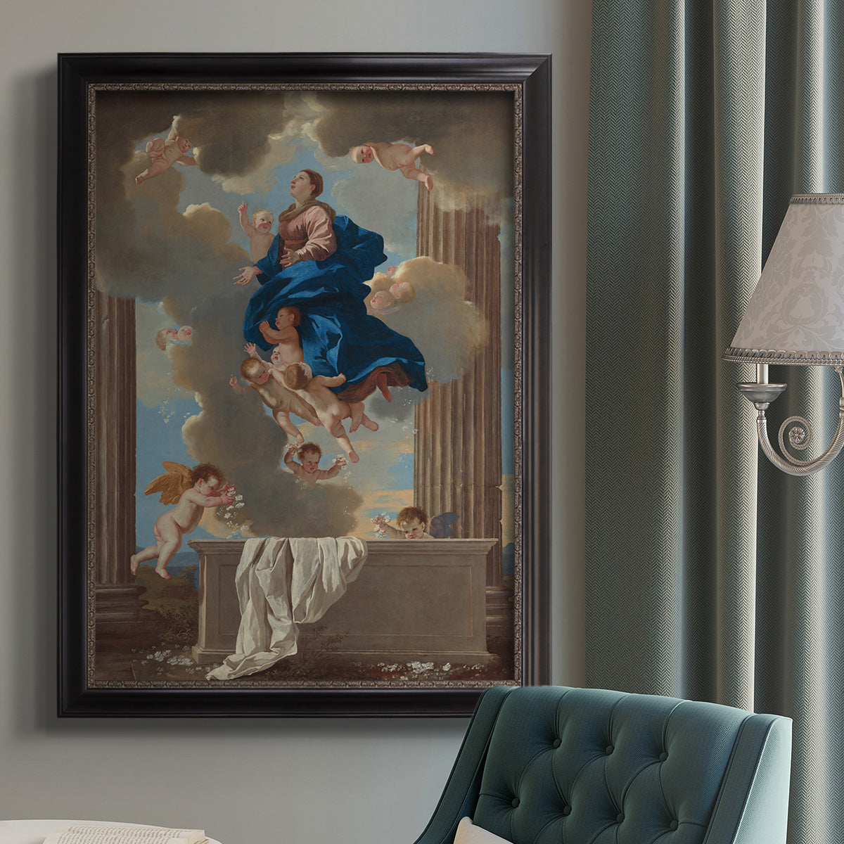 Classical religious depiction of the Assumption of the Virgin by Nicolas Poussin in an {frame_style_descriptor} displayed in a neutral interior setting.