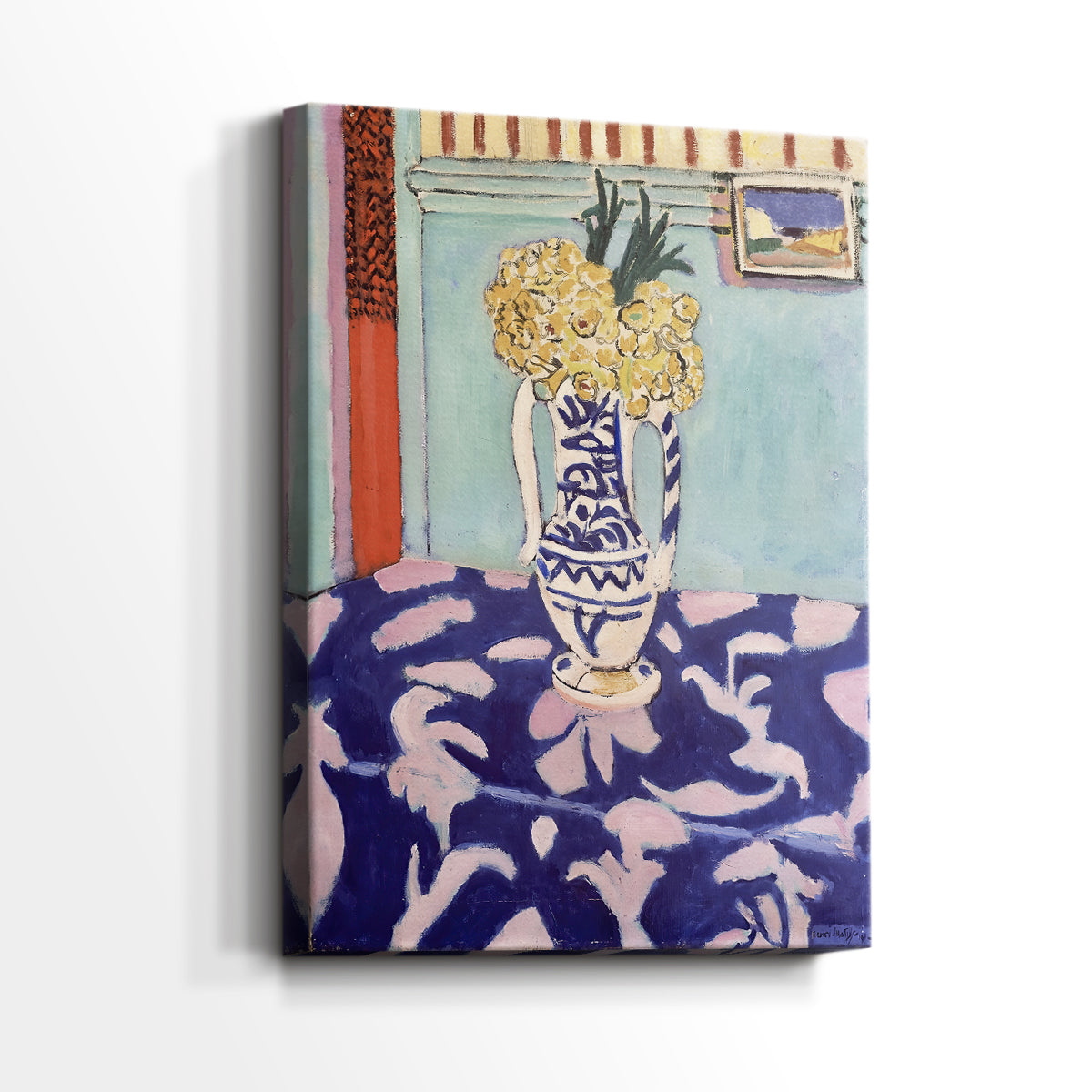 Side view of a canvas art print of a stylized arrangement of blossoms with flat color and bold design, showing gallery-wrapped depth.