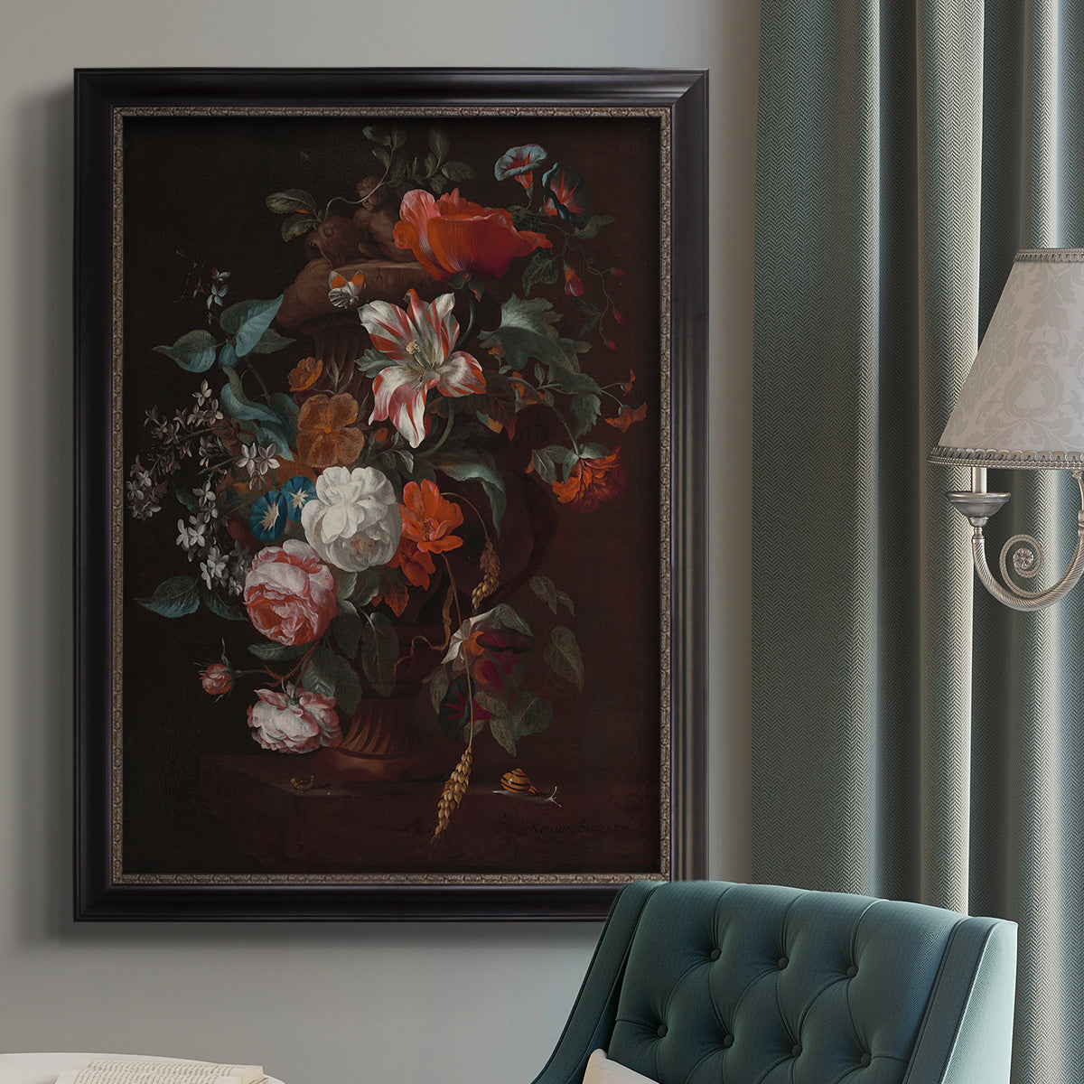 Classical floral still life painting by Jan van Huysum in an {frame_style_descriptor} displayed in a neutral interior setting.