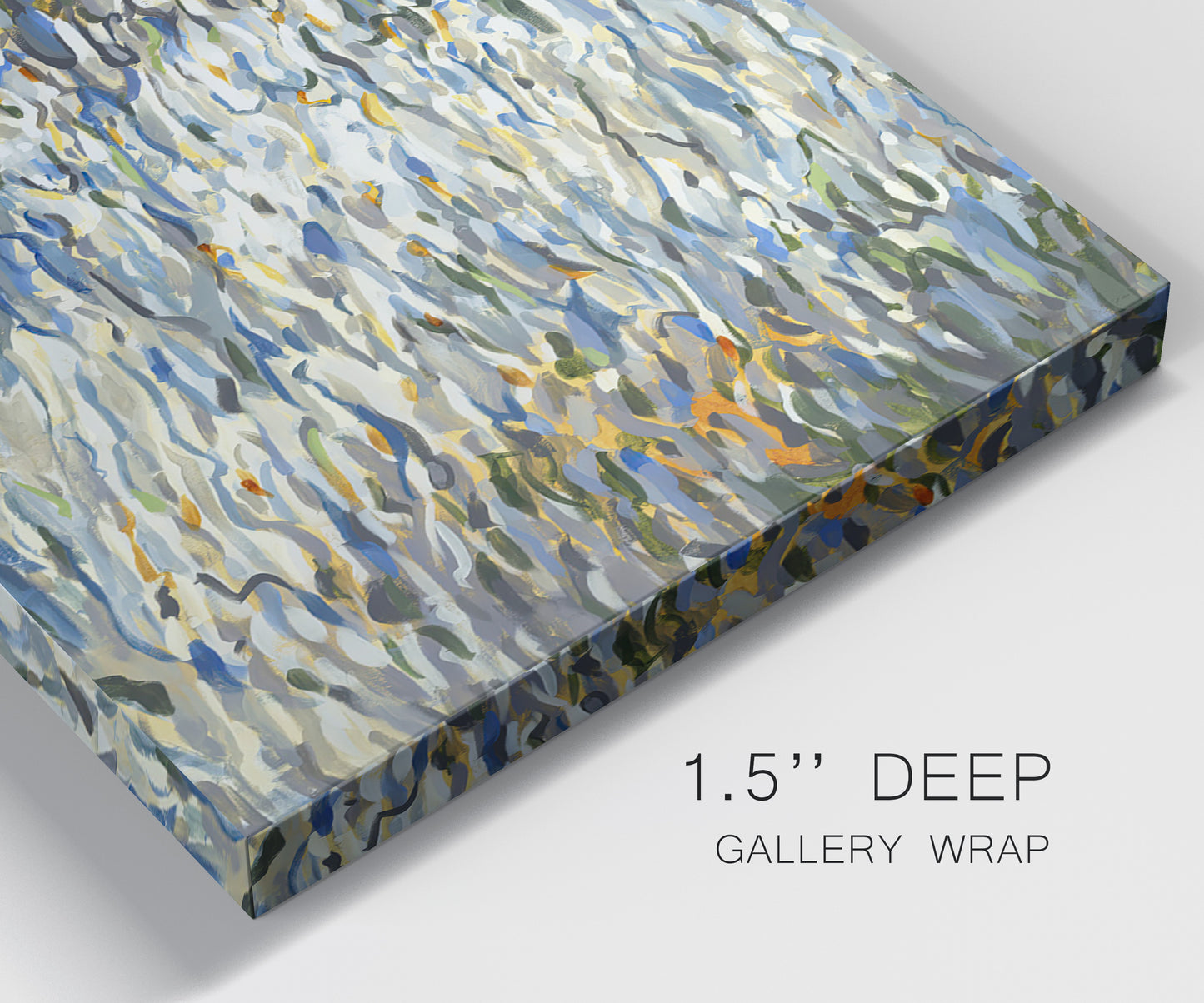 Close-up view of wrapped canvas corner featuring abstract water surface reflections.