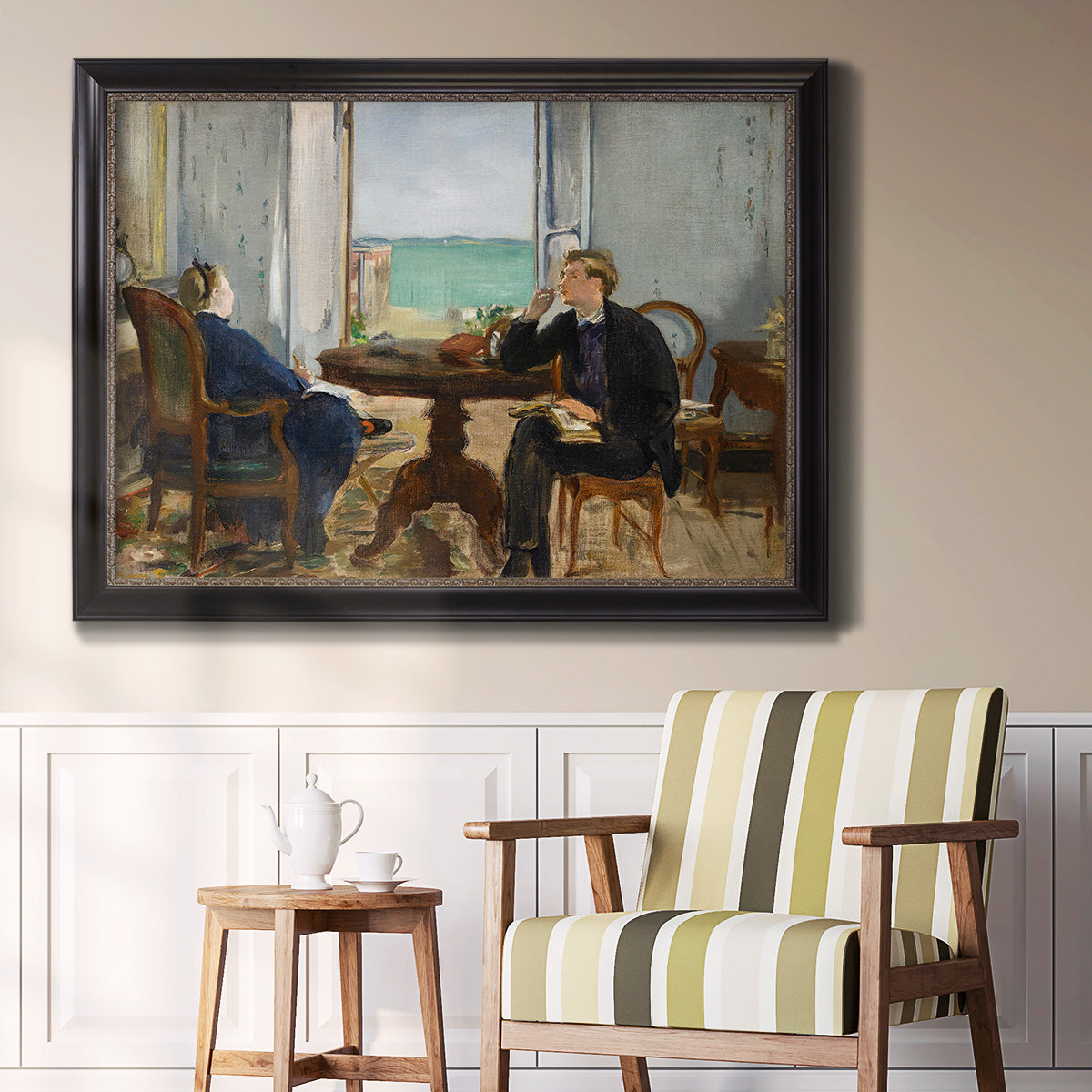 Impressionist interior scene by Édouard Manet in an ornate black frame with gilded inner detail displayed in a light-toned interior setting.
