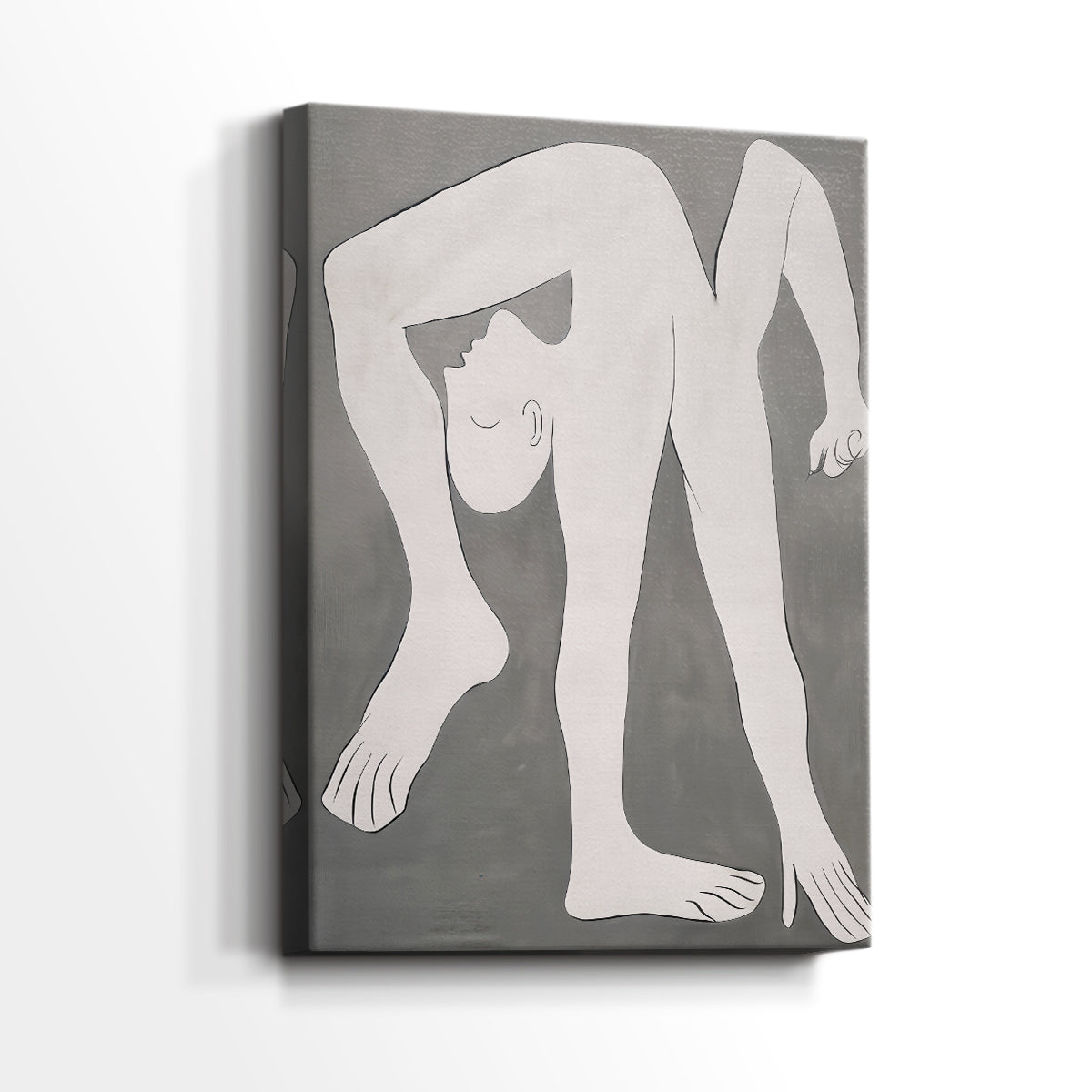 Side view of a canvas art print of a stylized human figure with flat tones and clean lines, showing gallery-wrapped depth.