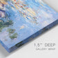 Close-up view of wrapped canvas corner featuring water lilies in blue and gold.