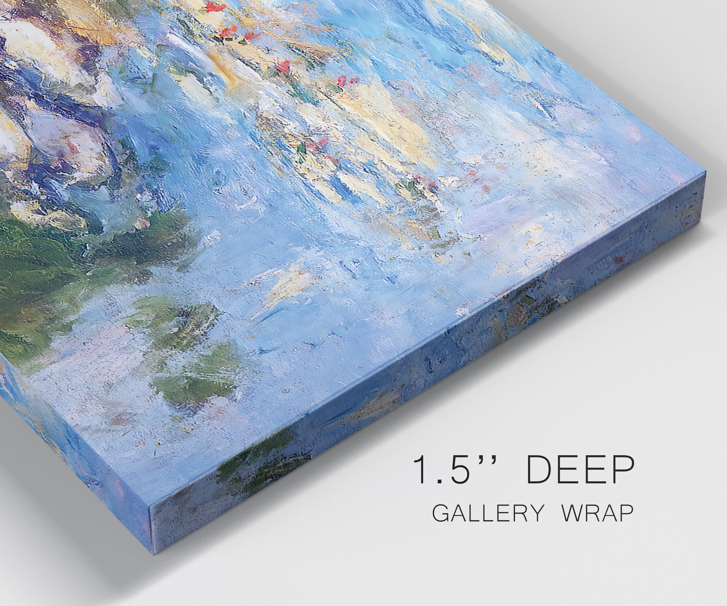 Close-up view of wrapped canvas corner featuring water lilies in blue and gold.