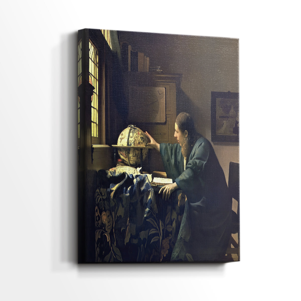 Side view of a canvas art print of a calm scene with focused activity and subtle tones, showing gallery-wrapped depth.