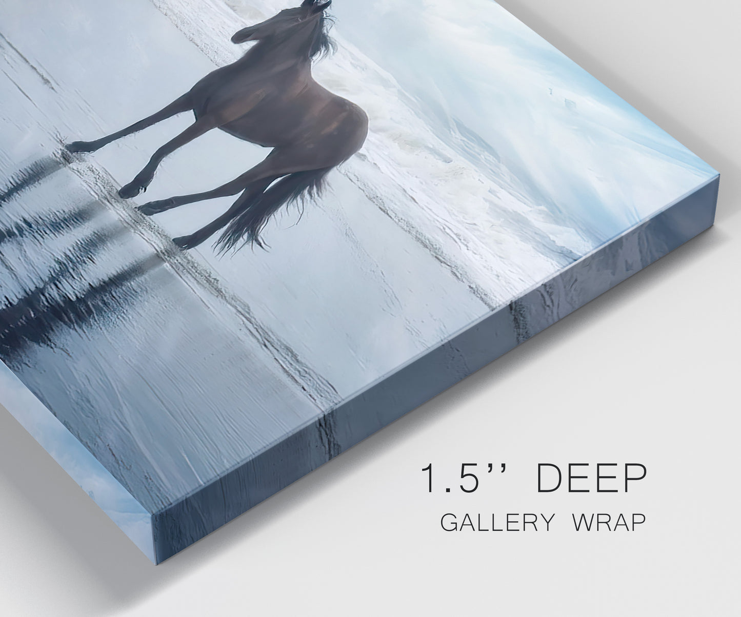 Close-up view of wrapped canvas corner featuring running horses captured mid stride.