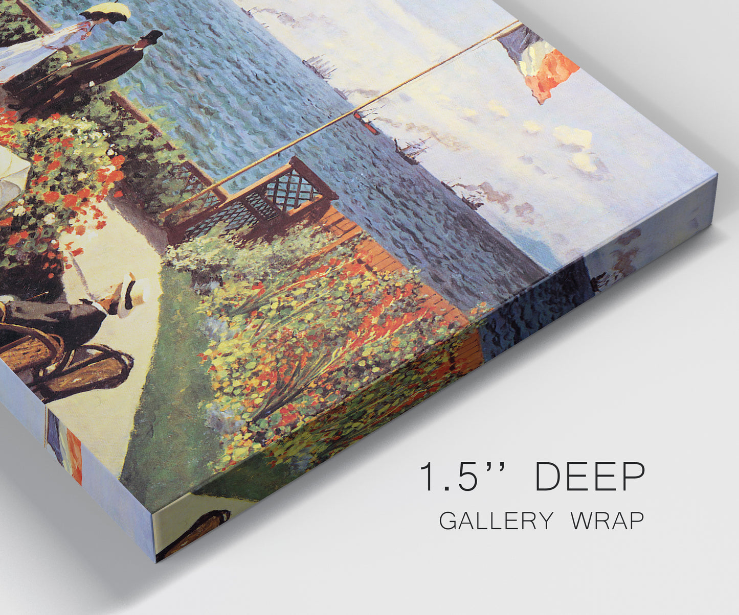 Close-up view of wrapped canvas corner featuring coastal garden overlooking sea.