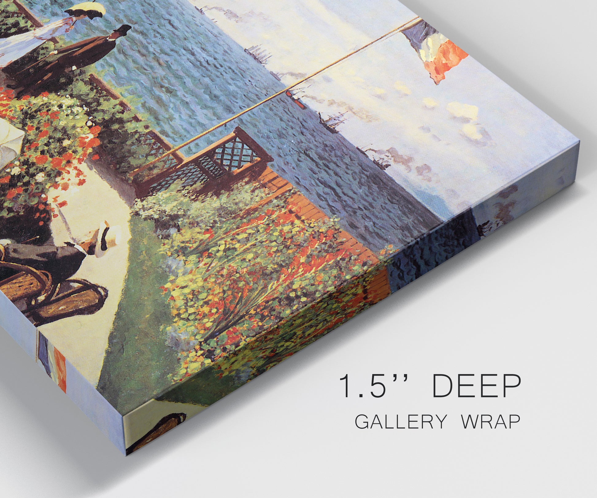 Close-up view of wrapped canvas corner featuring coastal garden overlooking sea.
