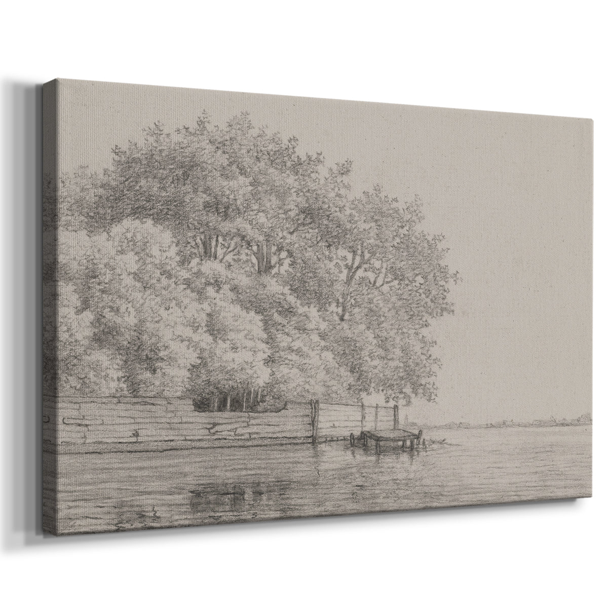 Serene riverside view with trees and a wooden dock in soft daylight setting