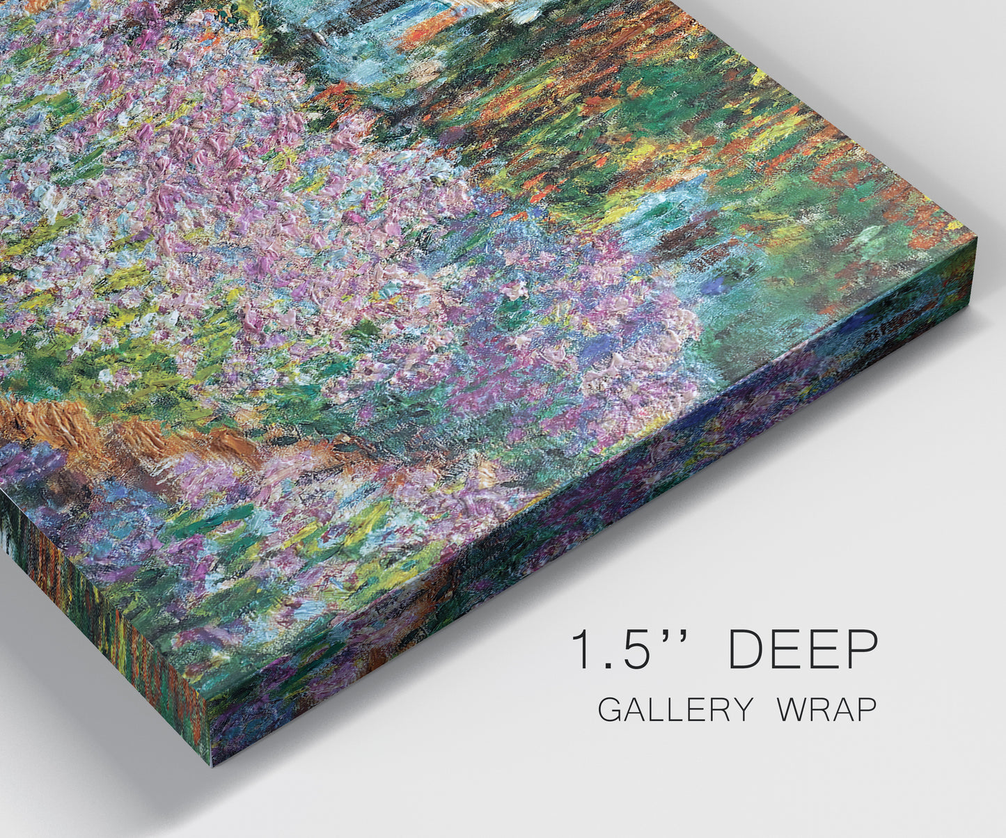 Close-up view of wrapped canvas corner featuring blooming irises in garden bed.