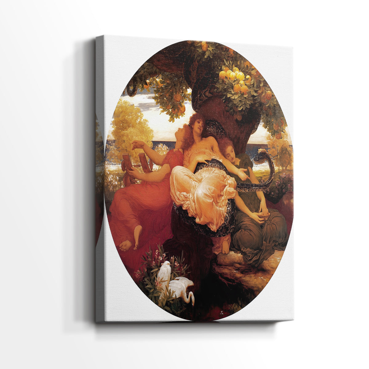 Side view of a canvas art print of a decorative scene with multiple women and rich color, showing gallery-wrapped depth.