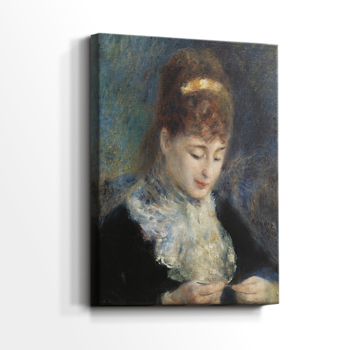 Side view of a canvas art print of a gentle domestic scene with delicate brushwork, showing gallery-wrapped depth.