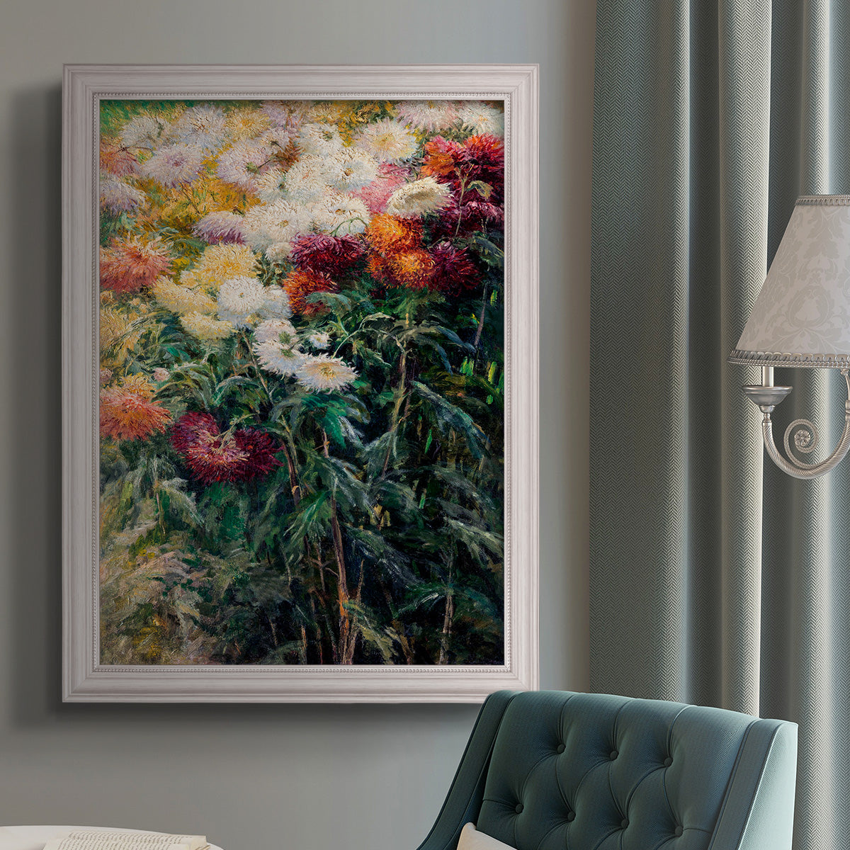 Impressionist garden floral painting by Gustave Caillebotte in an {frame_style_descriptor} displayed in a neutral interior setting.