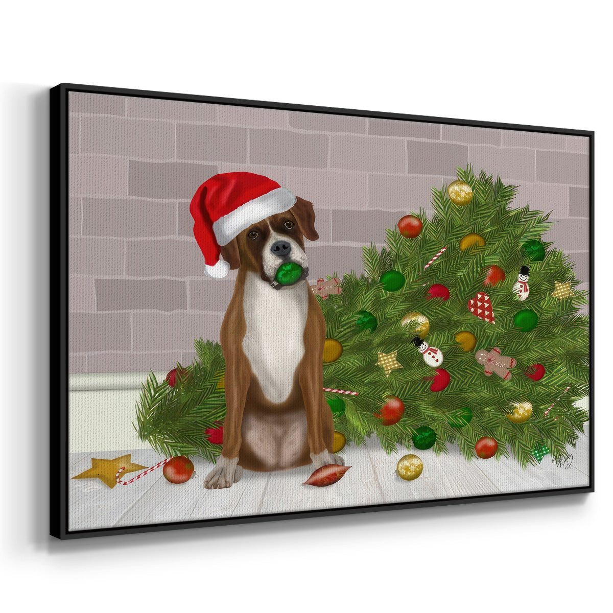 Christmas Boxer and Broken Christmas Tree - Framed Gallery Wrapped Canvas in Floating Frame