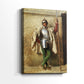 Side view of a canvas art print of a detailed study of a guard with muted tones, showing gallery-wrapped depth.