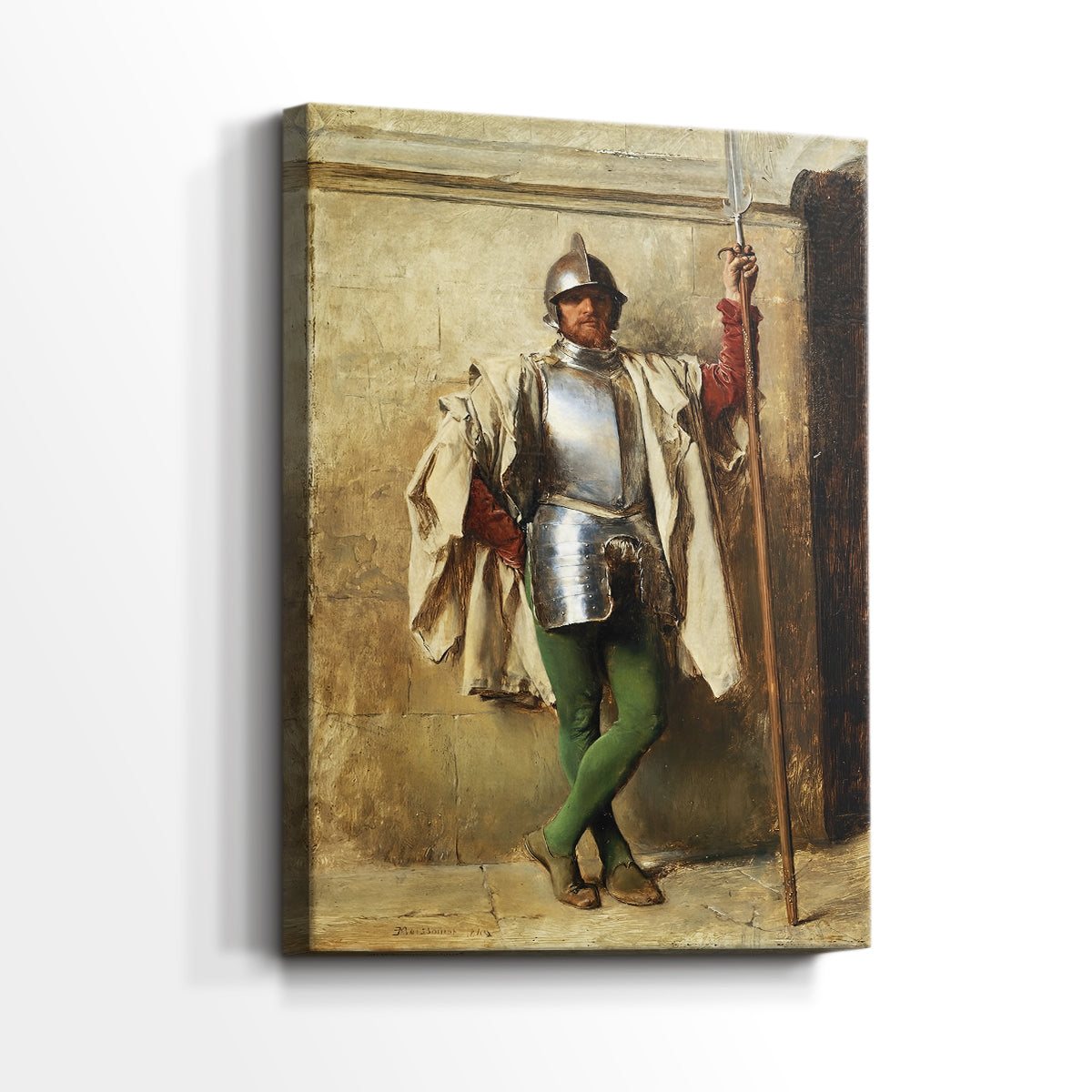 Side view of a canvas art print of a detailed study of a guard with muted tones, showing gallery-wrapped depth.