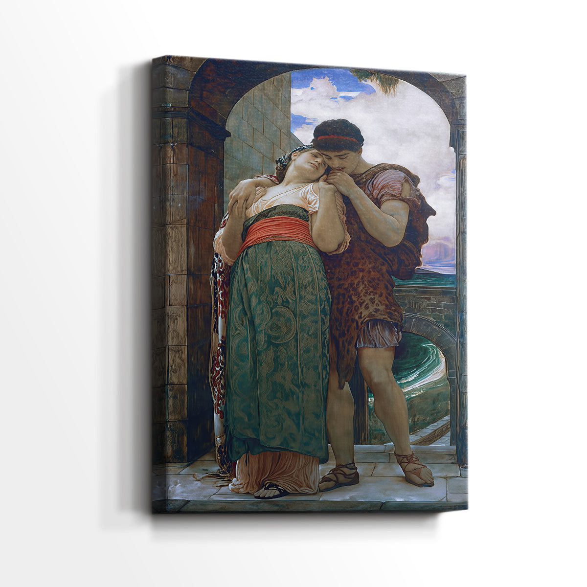 Side view of a canvas art print of a symbolic scene of union with soft tones, showing gallery-wrapped depth.