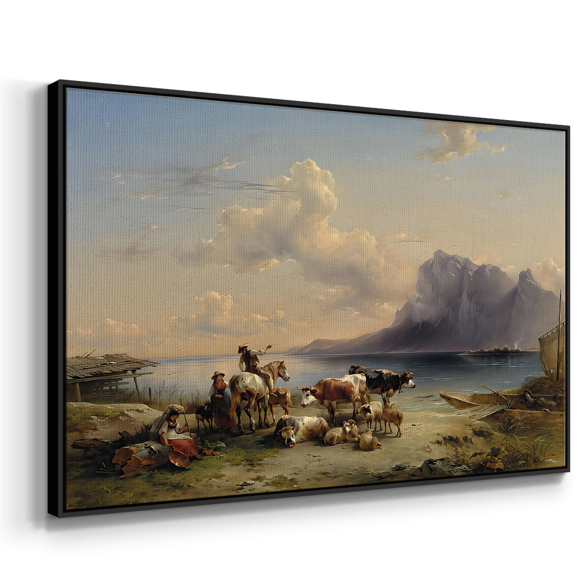 Shepherds and Cattle on Lake Attersee, 1852 - Floater Framed Canvas Print