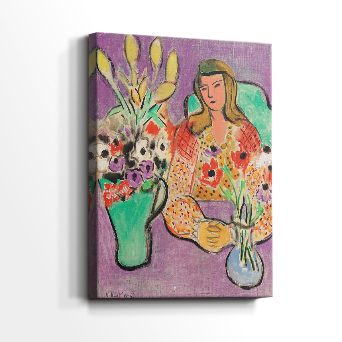 Side view of a canvas art print of a vivid portrait with floral elements and flat tones, showing gallery-wrapped depth.