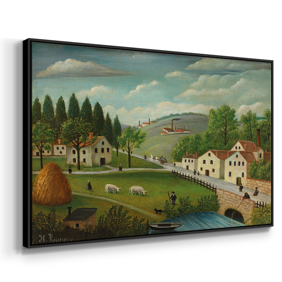 Pastoral Landscape with Stream, Fisherman and Strollers, 1875-1880 - Floater Framed Canvas Print
