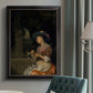 Classical interior scene of a woman weaving flowers by Godfried Schalcken in an {frame_style_descriptor} displayed in a neutral interior setting.