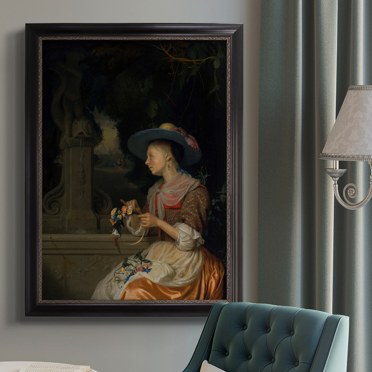 Classical interior scene of a woman weaving flowers by Godfried Schalcken in an {frame_style_descriptor} displayed in a neutral interior setting.