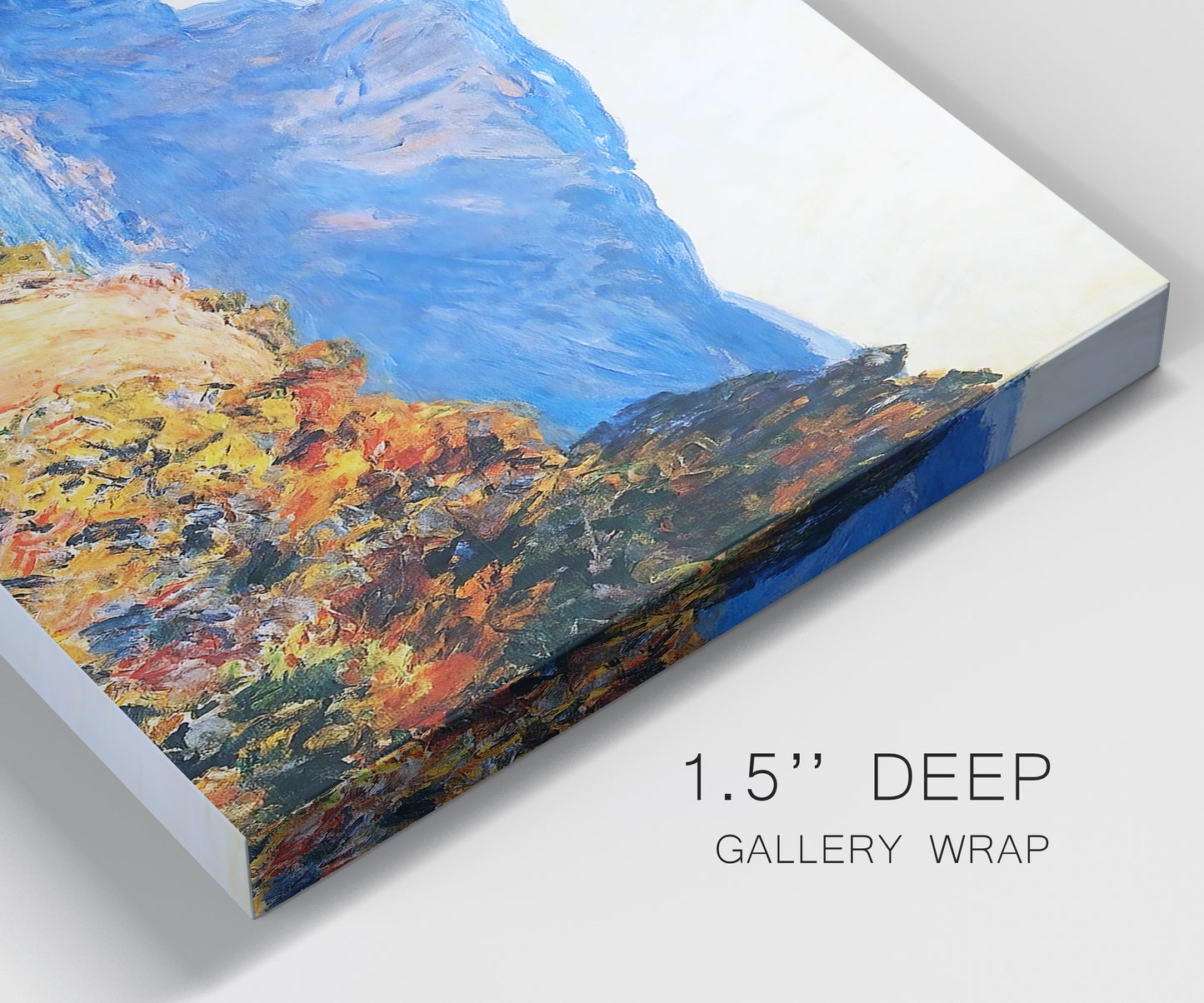 Close-up view of wrapped canvas corner featuring winding red road hillside.