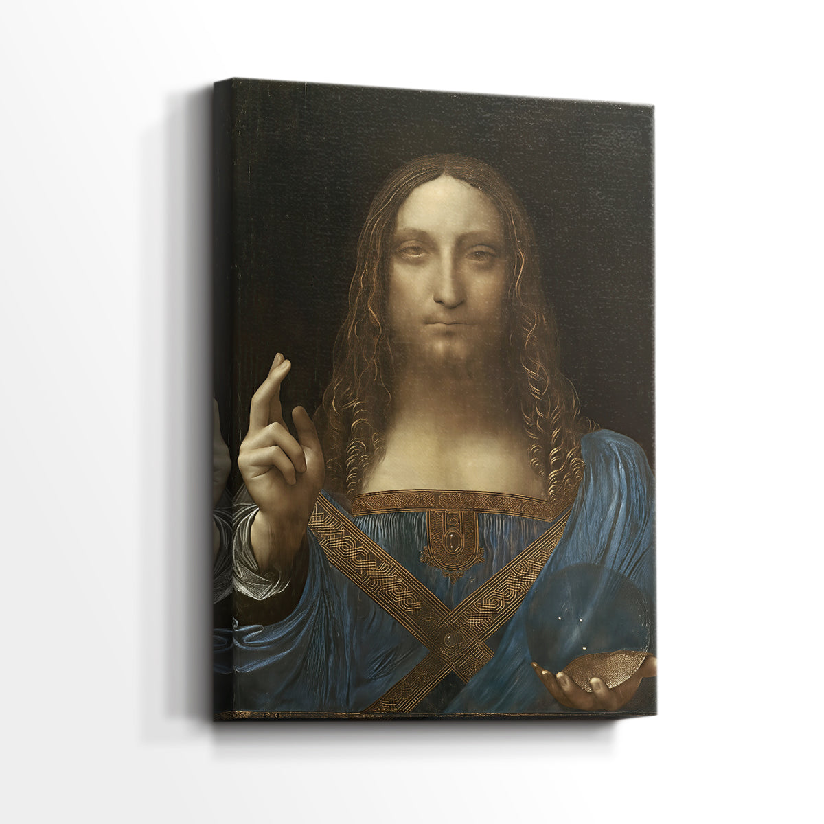 Side view of a canvas art print of a refined portrait with subtle shading and centered pose, showing gallery-wrapped depth.