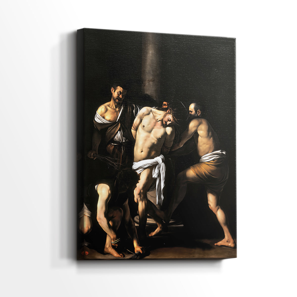 Side view of a canvas art print of a religious scene with muscular forms and dark background, showing gallery-wrapped depth.