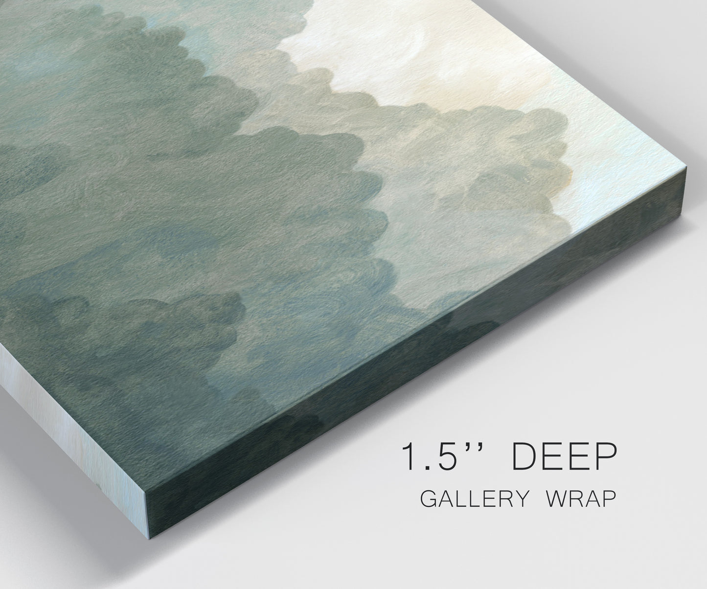 Close-up view of wrapped canvas corner featuring autumn storm over rolling landscape.