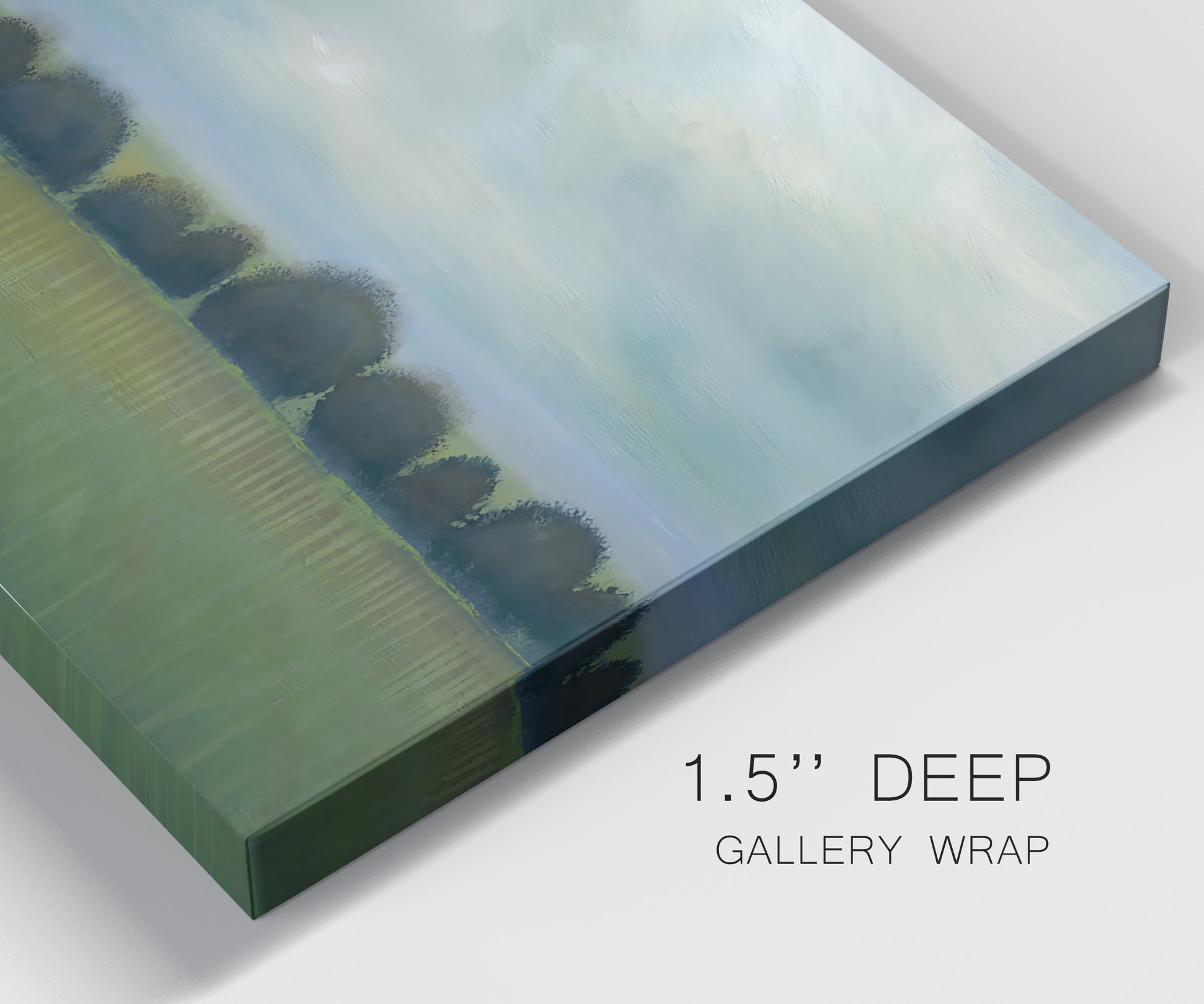 Close-up view of wrapped canvas corner featuring rolling green pastoral fields.