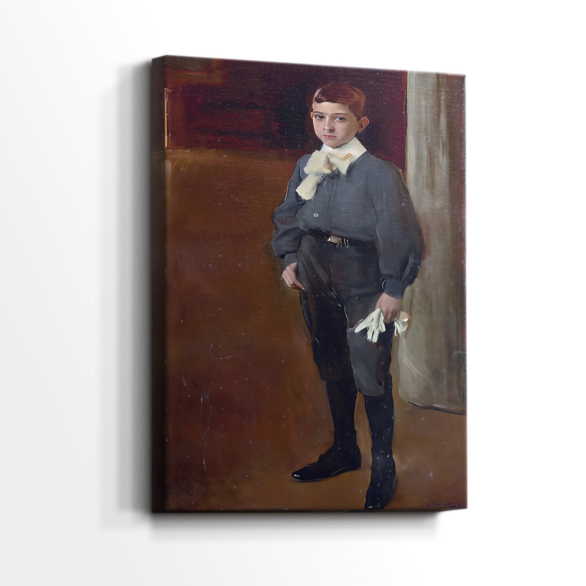 Side view of a canvas art print of a refined portrait with subtle shading and warmth, showing gallery-wrapped depth.