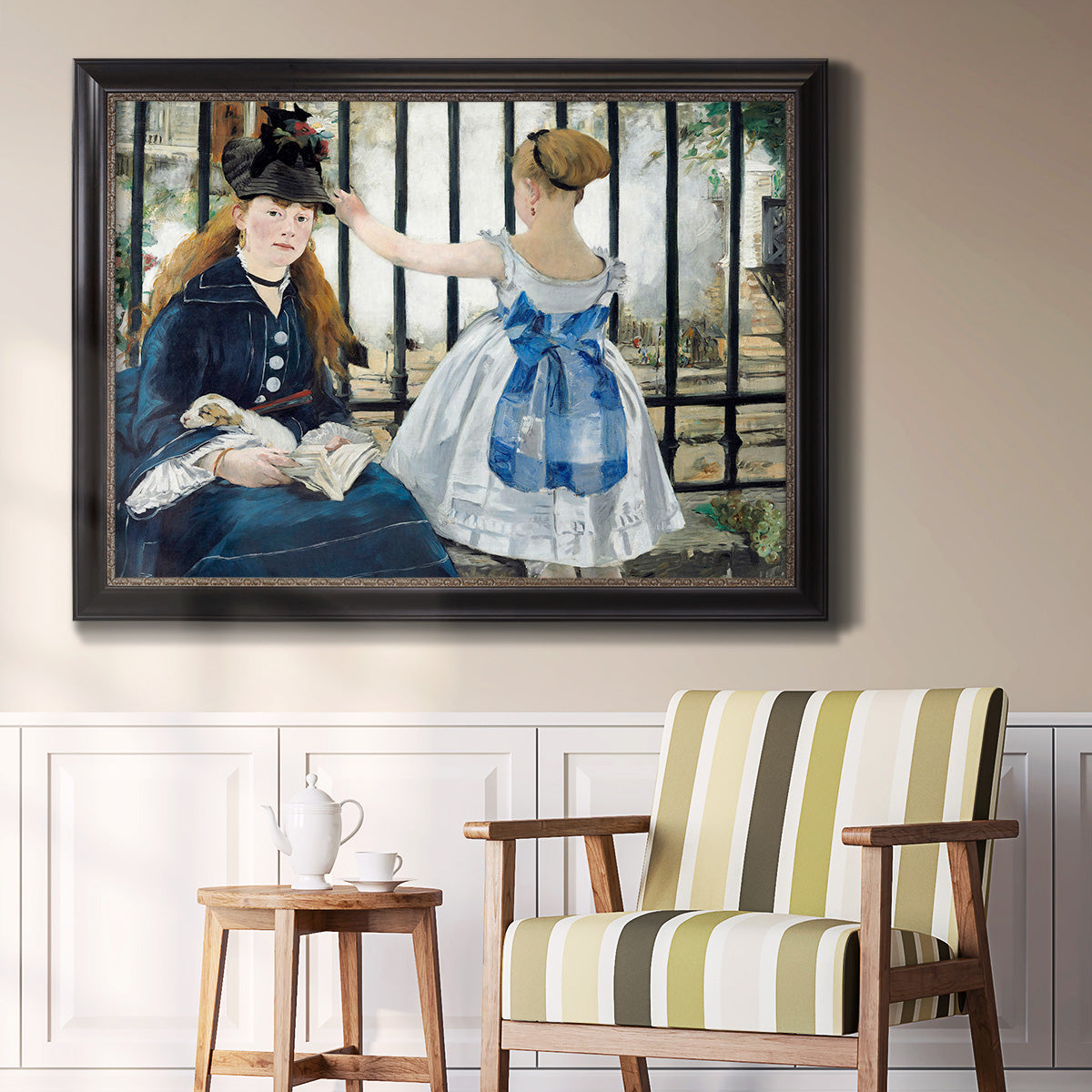 Impressionist urban scene near a railway by Édouard Manet in an ornate black frame with gilded inner detail displayed in a light-toned interior setting.