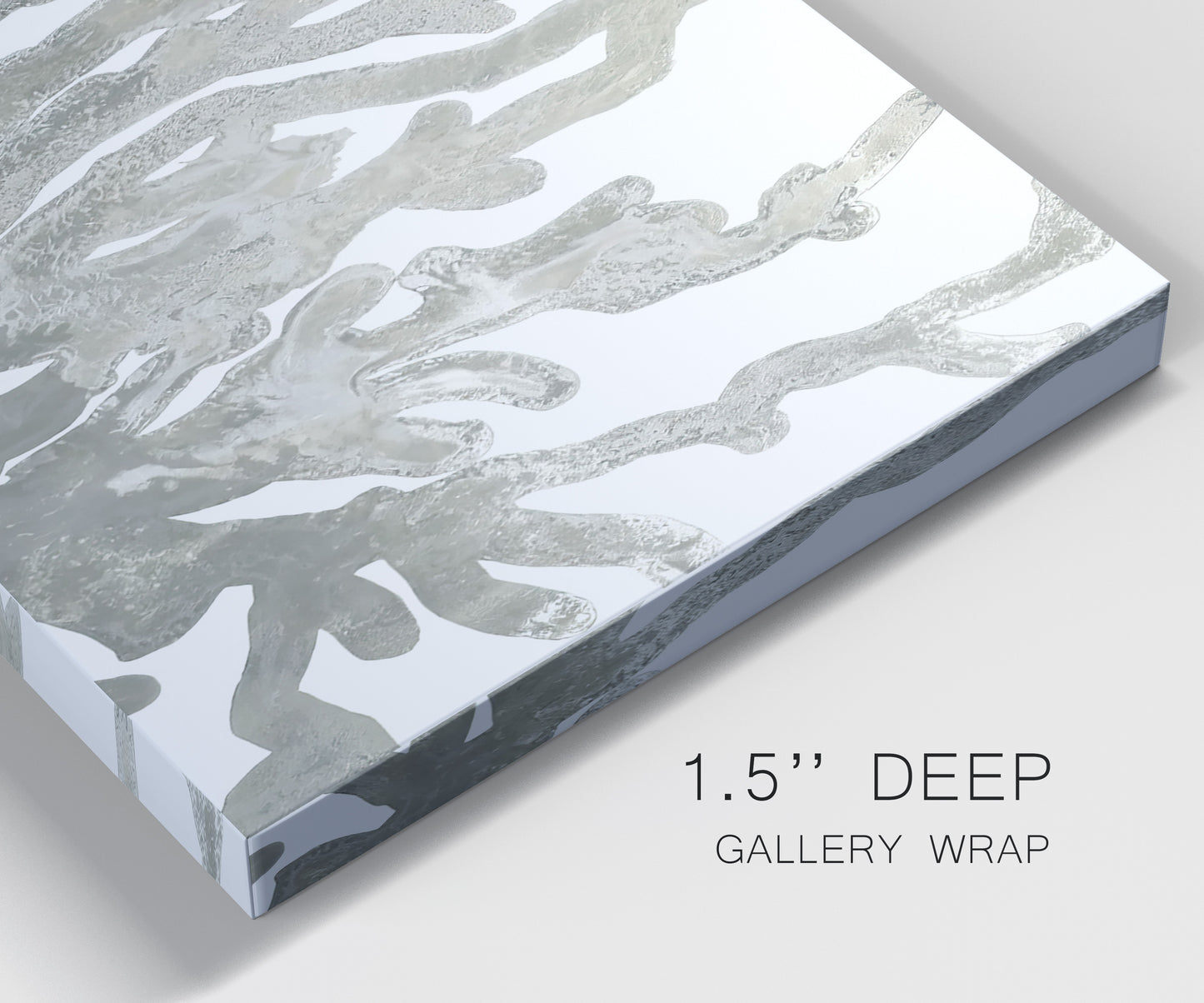 Close-up view of wrapped canvas corner featuring monochrome coral texture study.