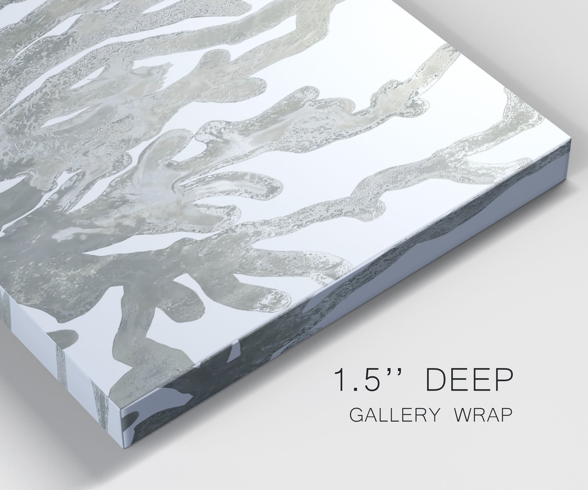 Close-up view of wrapped canvas corner featuring monochrome coral texture study.