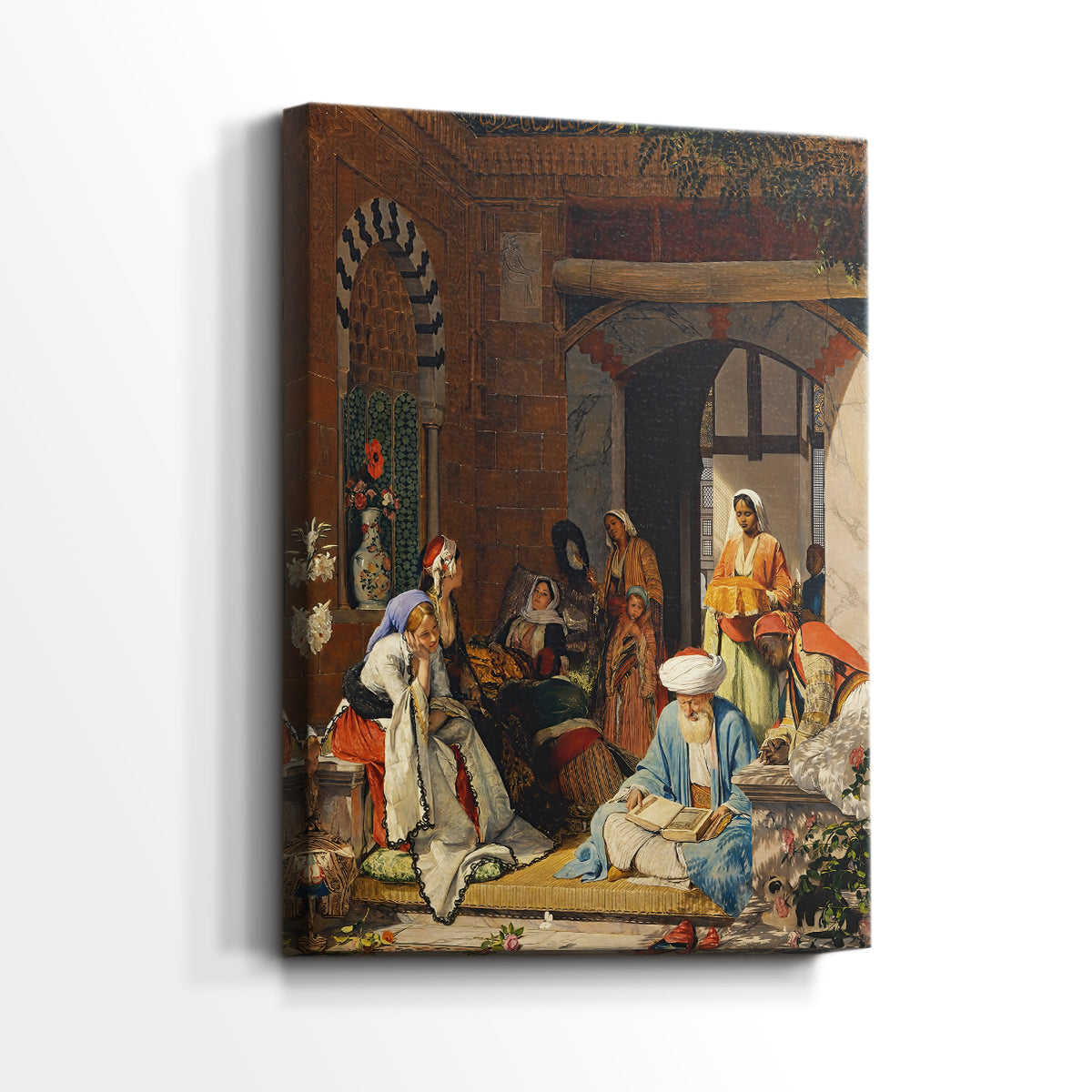 Side view of a canvas art print of a quiet composition with multiple figures in a traditional interior, showing gallery-wrapped depth.