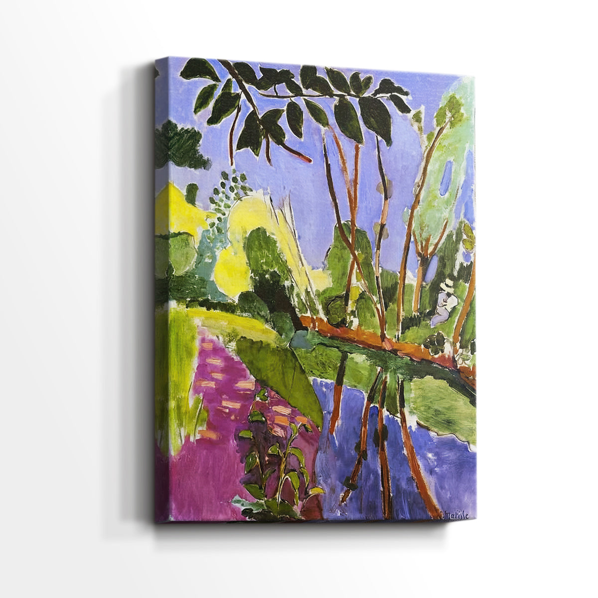 Side view of a canvas art print of a bright landscape with simplified forms and strong color, showing gallery-wrapped depth.